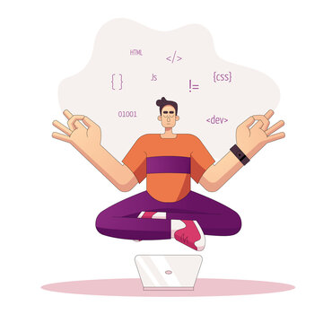 programmer developer in yoga pose working on code, coding, testing, debugging, analysing. young man works with programming languages. stock vector illustration isolated on white