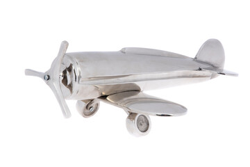 Metal vintage aircraft toy, with front propeller. Isolated on white