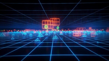 3D Neon Geometric Shapes in Cyberspace Loop Background