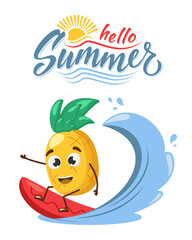 Surfing pineapple character. Hello summer. Pineapple on surfboard. Vacation concept. Tropical hawaii lifestyle. Pineapple juice, tropical fruit, summer resort. Kid poster and summer t-shirt design
