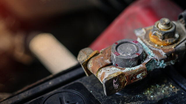 Old Battery Corrosion Deteriorate Leaking With Blue Acid Powder. 