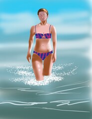 A young woman is walking in a swimming suit from the sea. She is blond and sexy.