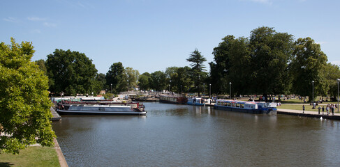 Narrowboats on The River Avon in Stratford upon Avon, Warwickshire in the United Kingdom