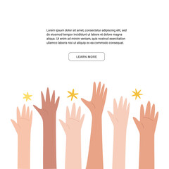 Lefties unite concept banner. August 13, International Left-handers Day celebration. Left hands raised up together, help and support each other. Event card, cute line style. Vector illustration