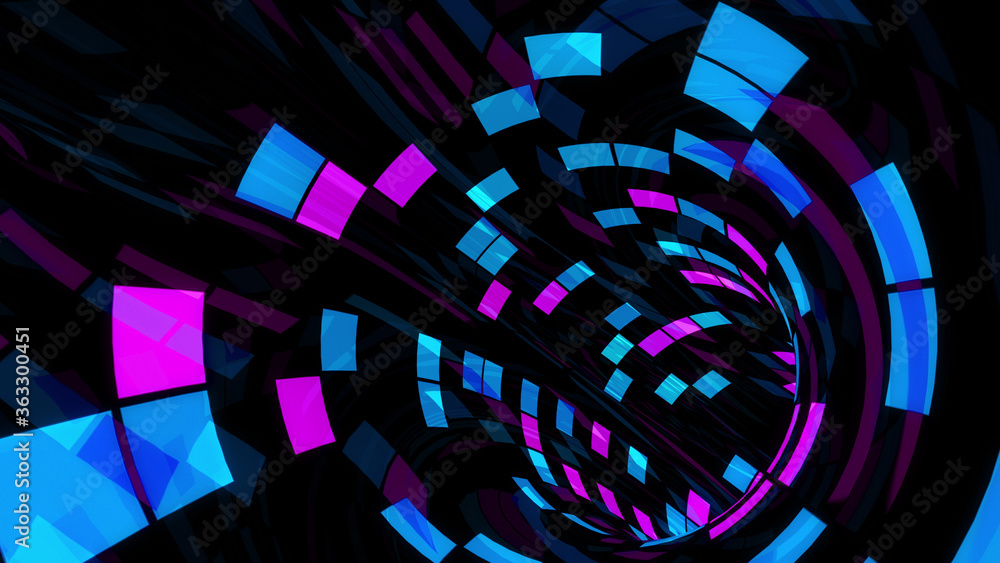 Wall mural disco dance tunnel illumination square light panel abstract 3d illustration background.