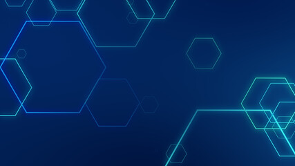 Hexagon geometric blue neon lights technology Hi-tech dark background. Abstract graphic digital future science concept design.