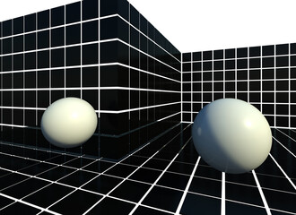 Black and white contrasts 3D illustration. White balls and black squares in perspective comparison. Collection.