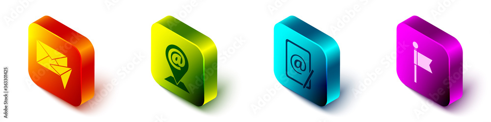 Aufkleber set isometric envelope, location and mail and e-mail, mail and e-mail and location marker icon. vect