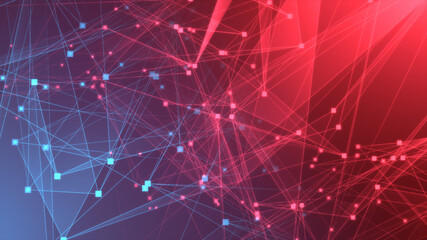 Abstract red blue polygon tech network with connect technology background. Abstract dots and lines texture background. 3d rendering.