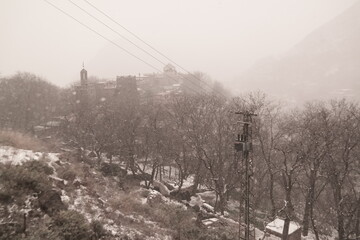 Winter scene overlooking a rural town and woods