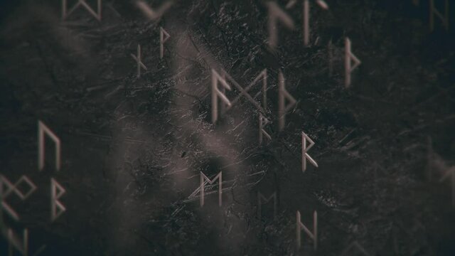 Dark grunge runic motion background with gently moving metallic runes and black rock texture.