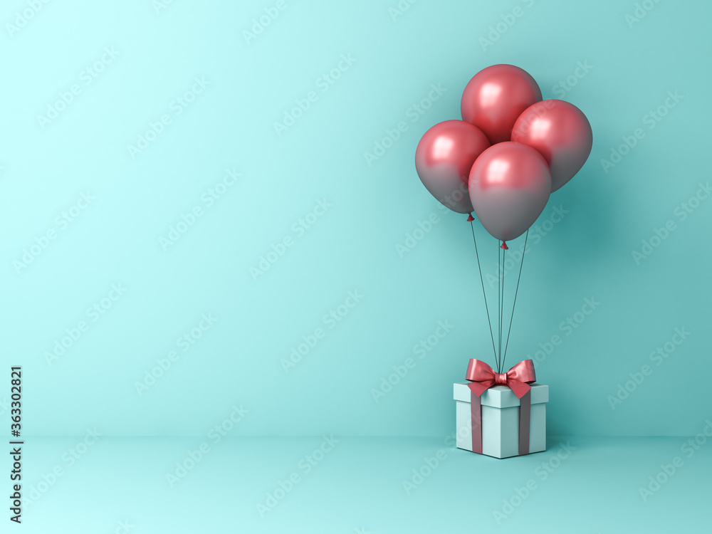 Aufkleber gift box or present box with red pink pastel color balloons isolated on light green blue pastel colo