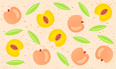 Peaches seamless pattern for packaging and background. Whole and sliced peaches with leaves, fruit shabby background. Food, vector design and illustration