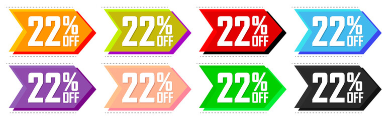Set Sale 22% off bubble banners, discount tags design template, today offers, vector illustration