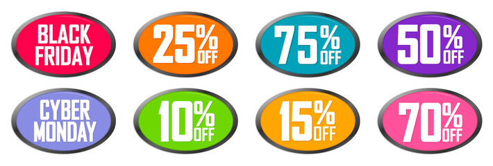 Set Black Friday Sale speech bubbles banners design template, Cyber Monday discount tags, special offers, vector illustration