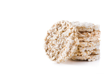 Pile of puffed rice cakes isolated on white background. Copy space	
