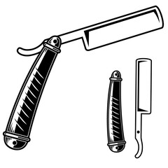 Illustration of barber razor in engraving style. Design element for logo, label, sign. badge.