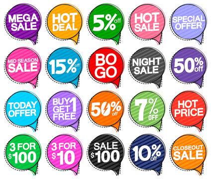Set Sale speech bubble banners design template, discount tags, great promotion, vector illustration