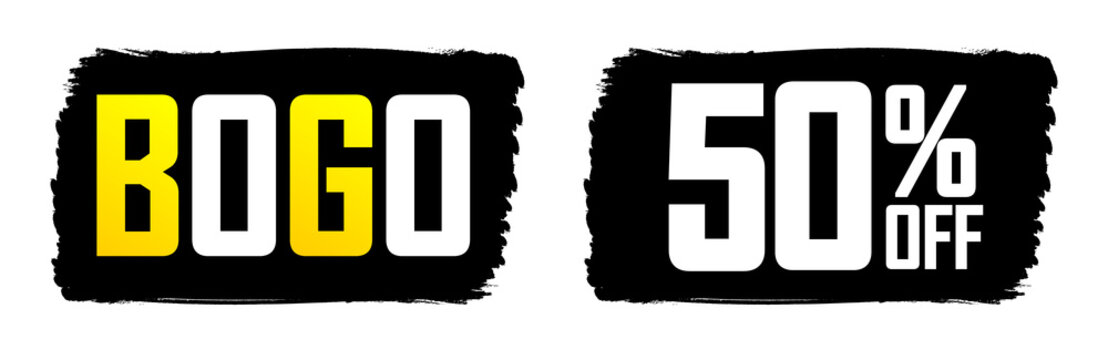 Set Sale banners design template, discount tags, BOGO, 50% off, vector illustration