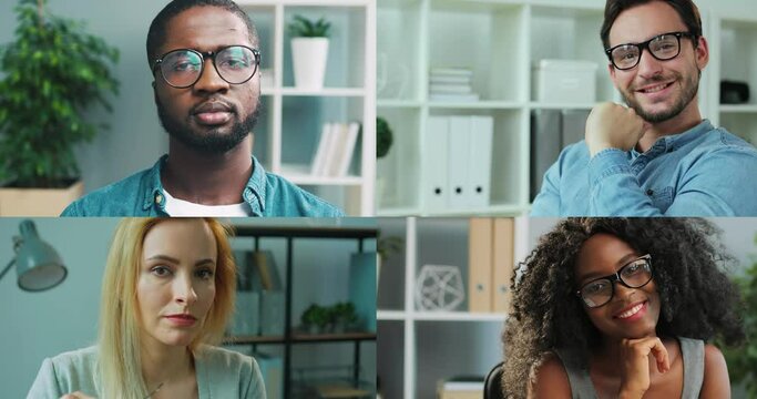 Close up of happy diverse multiethnic male and female employees at workplaces. Multiscreen on joyful different workers sitting at office. Collage of men and women in cabinet. Work concept