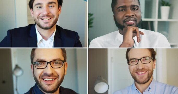 Close up of happy male employees smiling to camera at office. Collage of cheerful mixed-races businessmen in glasses in good mood at work. Split screen of joyful workers in cabinet. Work concept