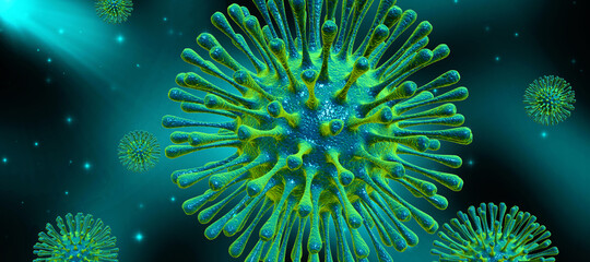 Fototapeta premium 3d render Corona virus disease COVID-19. Microscopic view of a infectious virus