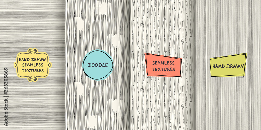 Poster set of seamless hand drawn texture designs for backgrounds, business cards, web design. doodle patte