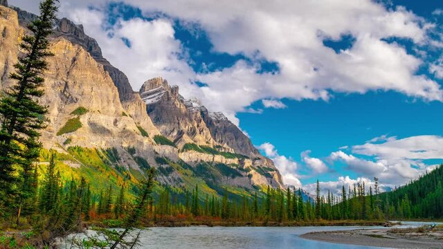 Confluence Bend River With Stark Rock Face From Campground in Banff Time Lapse 4K