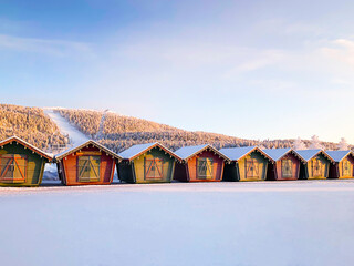  Levi, Kittila, Lapland, Finland: Christmas market with christmas gifts covered with snow at the...