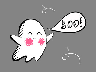 Funny smiling ghost icon isolated on gray background. Scary white cute cartoon spooky Halloween character with bubble talk phrase. Boo. Little flying ghost. Stock vector illustration.
