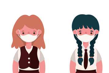 Girls kids with medical masks and uniforms design, Back to school and social distancing theme Vector illustration
