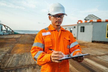 Filipino deck Officer on deck of offshore vessel or ship , wearing PPE personal protective equipment. He fills checklist. Paperwork at sea