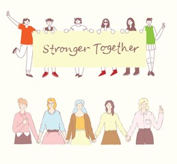 Stronger Together. Feminine concept and woman empowerment design for banners. Group of young fashion women activists standing together and holding blank banner.