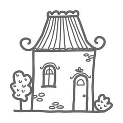 Obraz premium Doodle sketch of hand drawn house in vintage style. Contour coloring for children. Isolated over white background. Vector illustration