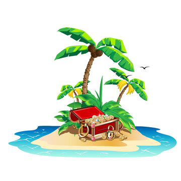 Colorful island in the sea with palm trees and pirate treasures. Fairytale adventures and travels. Vector illustration on a white background.