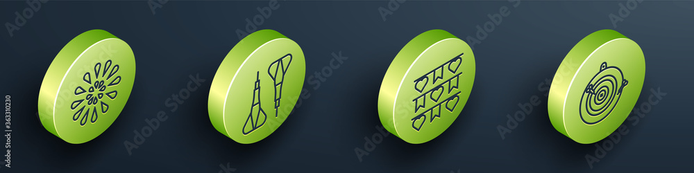 Poster set isometric firework, dart arrow, carnival garland with flags and classic dart board and arrow ico