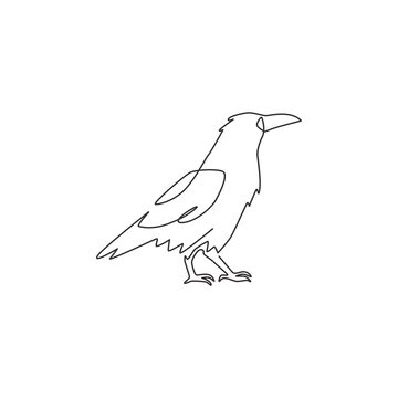 One Single Line Drawing Of Mysterious Raven For Company Business Logo Identity. Crow Bird Mascot Concept For Graveyard Icon. Dynamic Continuous Line Draw Graphic Design Vector Illustration