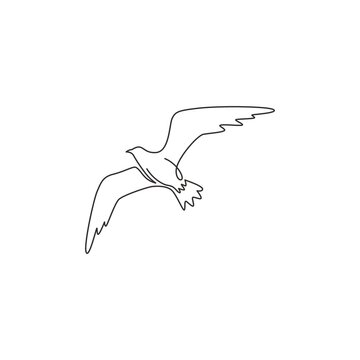 Single continuous line drawing of elegant seagull for nautical logo identity. Adorable seabird mascot concept for sea port symbol. Modern one line vector graphic draw design illustration