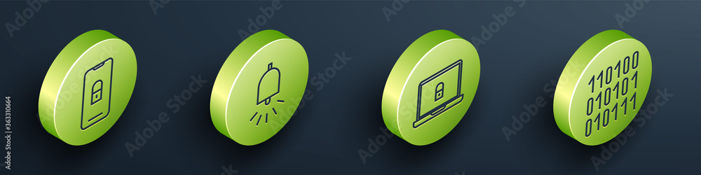 Aufkleber set isometric mobile with closed padlock, ringing alarm bell, laptop and lock and binary code icon. 