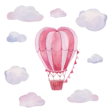 Hand drawn watercolor illustration -red  balloon in the sky. vintage balloons and clouds  baby design, decoration, greeting cards, posters, invitations, advertisement, textile.