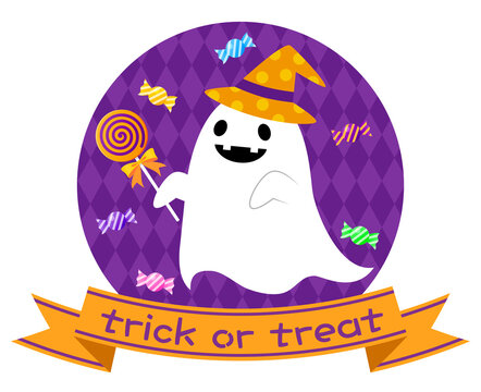 お菓子を持つハロウィンオバケのイラスト