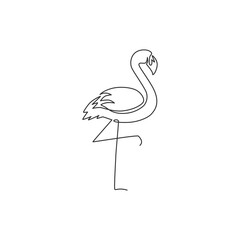 Single continuous line drawing of beautiful flamingo for national zoo logo. Flamingo bird mascot concept for conservation park. Dynamic one line draw design vector graphic illustration - obrazy, fototapety, plakaty