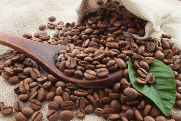 coffe beans in a wooden spoon and around it on sack background