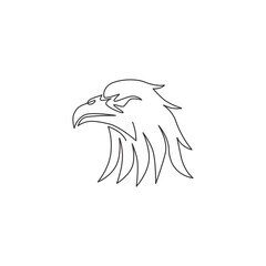 Fototapeta premium Single continuous line drawing of heroic eagle head for e-sport team logo identity. Falcon bird mascot concept for graveyard icon. Modern one line graphic vector draw design illustration