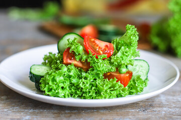 Healthy salad vegetables leaves mix micro greens, juicy snack, tomato. food background copy space for text organic healthy eating keto or paleo diet