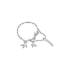 One continuous line drawing of little kiwi bird for city zoo identity. Kiwi mascot concept for typical New Zealand animal. Trendy single line draw graphic vector design illustration