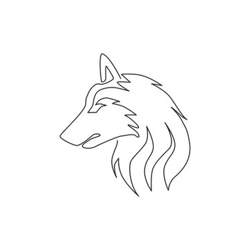 One single line drawing of dangerous wolf head for hunter club logo identity. Strong wolves mascot concept for national zoo icon. Modern continuous line draw design vector graphic illustration