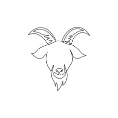 One continuous line drawing of funny cute goat head for livestock logo identity. Lamb mascot emblem concept for cattle icon. Modern single line draw graphic design vector illustration