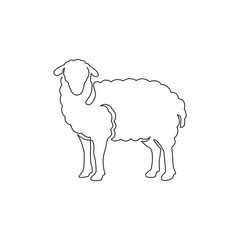 One continuous line drawing of funny cute sheep for livestock logo identity. Lamb emblem mascot concept for cattle icon. Trendy single line draw design vector graphic illustration © Simple Line