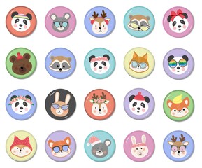 Set of cute funny animal faces or heads in glasses, hats headbands and wreaths isolated on white background. Colorful hand drawn vector illustration